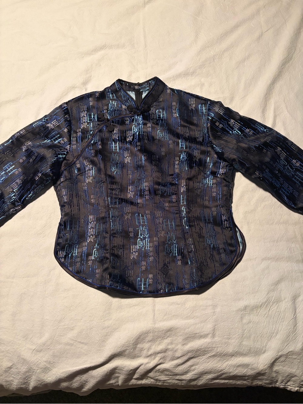 Vintage G&Z Cheongsam Blouse Black Metallic Blue Brocade Mandarin Qipao Top Y2K